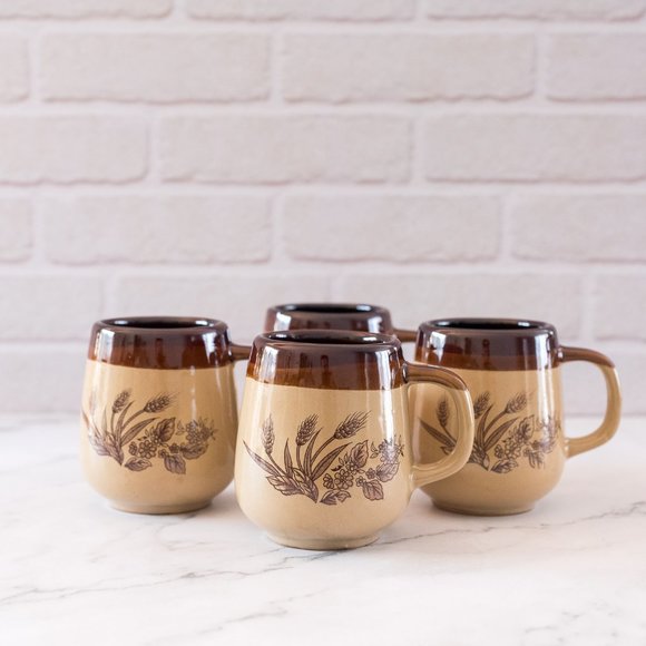 Vintage Wheat Pattern Stoneware Mugs | Beige and Brown | Boho | Cottagecore - Picture 1 of 7